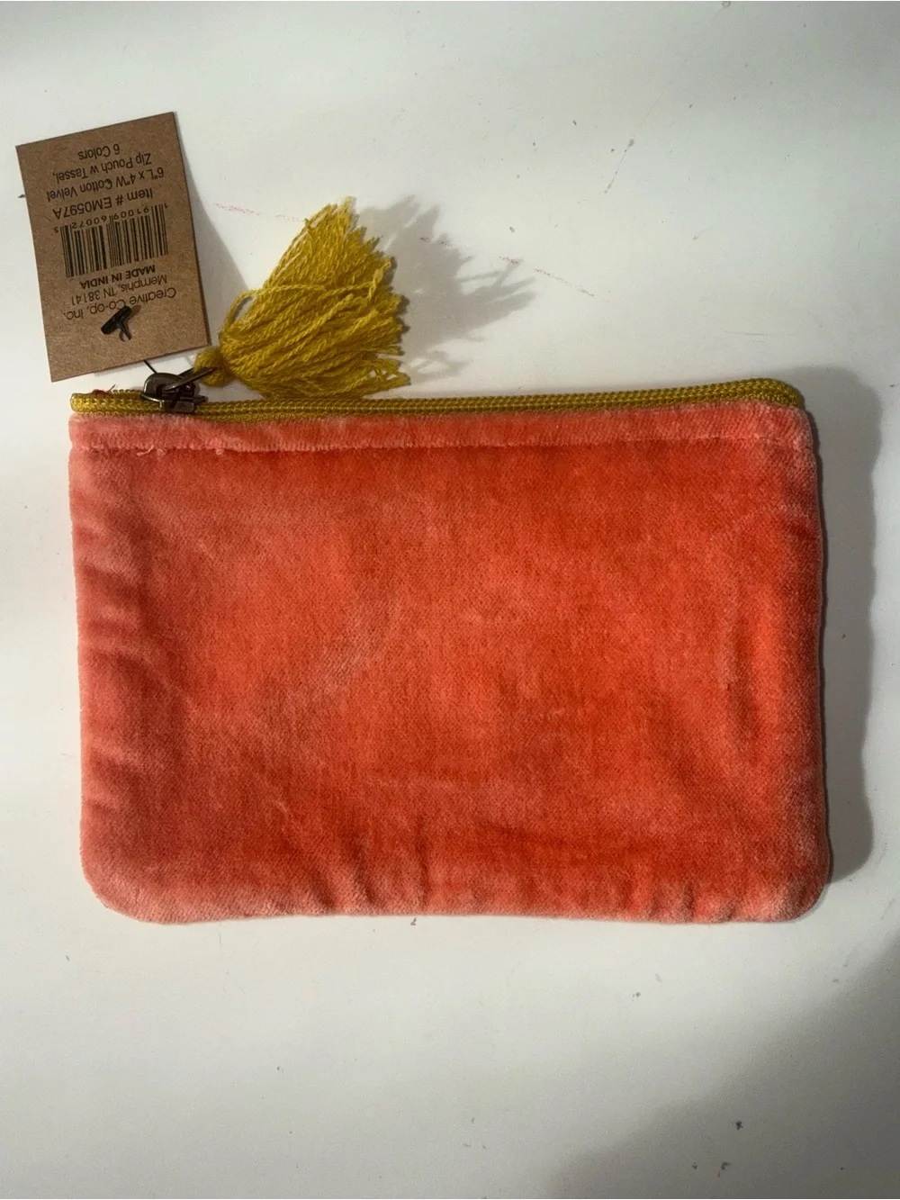 Creative Co-Op Velvet Zip Pouch with Mustard Tassel - Coral